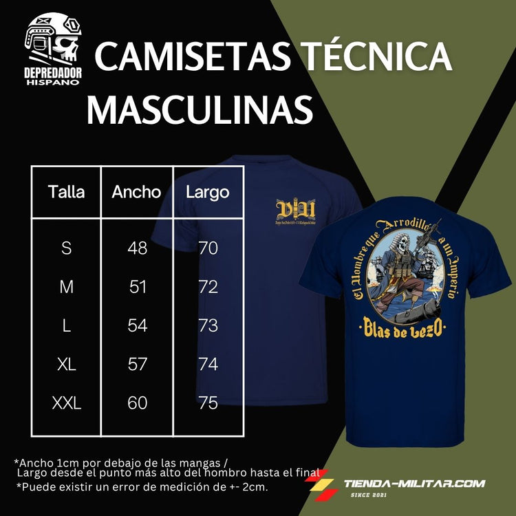 Guía de tallas de las camisetas técnicas masculinas Depredador Hispano: tabla con ancho y largo en centímetros para las tallas S, M, L, XL y XXL, con la Camiseta Técnica Blas de Lezo de fondo.