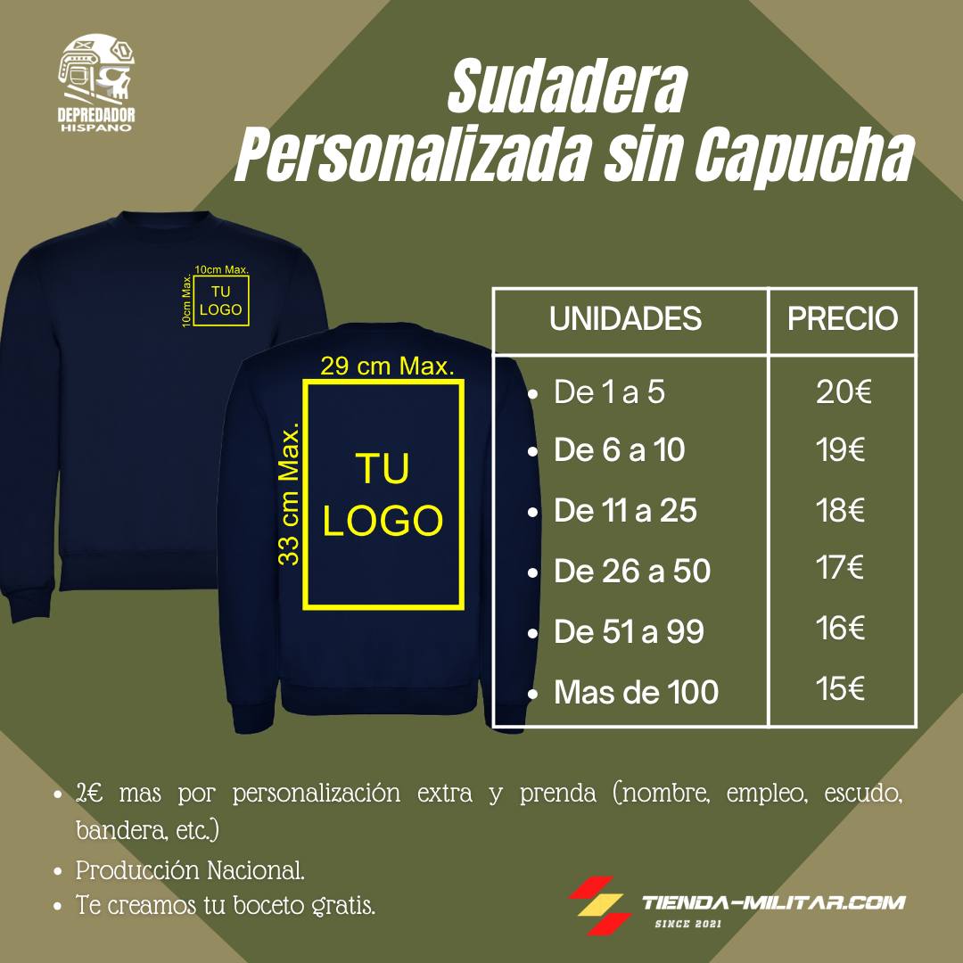 Tabla de precios por cantidad de la Sudadera Militar Personalizada sin Capucha Depredador Hispano