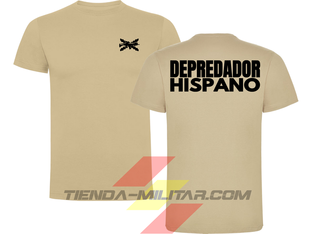 Camiseta táctica de algodón, color arena de la marca Depredador Hispano. En el pecho lleva un logotipo con con la cruz de borgoña y un fusil de asalto G36 cruzado., En la espalda la frase “DEPREDADOR HISPANO”. Ropa militar de alto rendimiento con diseño reivindicativo de poder hispano.
