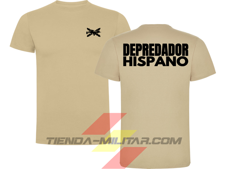 Camiseta táctica de algodón, color arena de la marca Depredador Hispano. En el pecho lleva un logotipo con con la cruz de borgoña y un fusil de asalto G36 cruzado., En la espalda la frase “DEPREDADOR HISPANO”. Ropa militar de alto rendimiento con diseño reivindicativo de poder hispano.