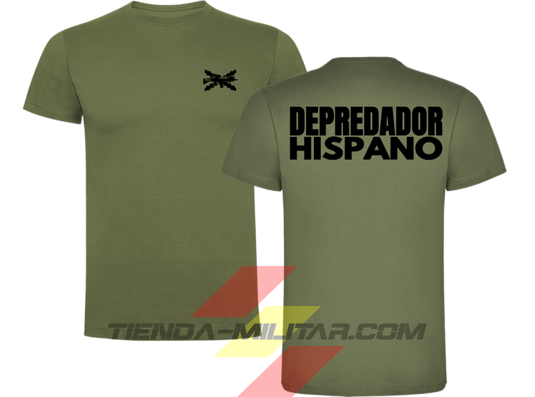 Camiseta táctica de algodón, color verde militar de la marca Depredador Hispano. En el pecho lleva un logotipo con con la cruz de borgoña y un fusil de asalto G36 cruzado., En la espalda la frase “DEPREDADOR HISPANO”. Ropa militar de alto rendimiento con diseño reivindicativo de poder hispano.