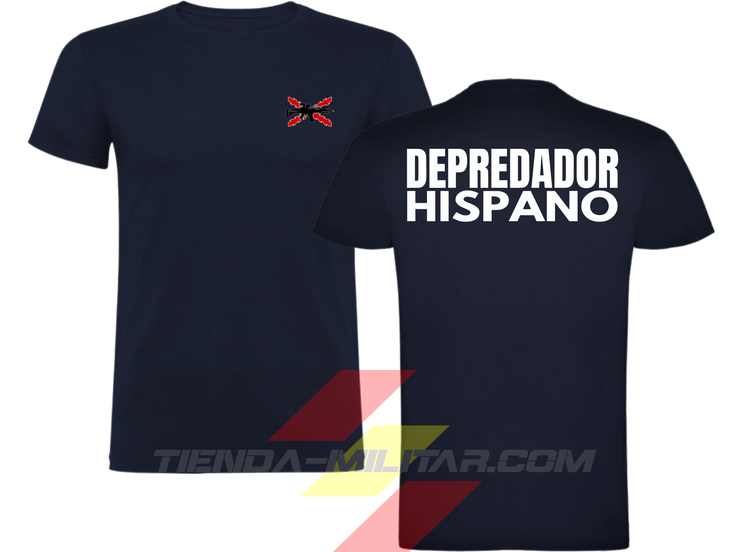 Camiseta táctica de algodón, color azul marino de la marca Depredador Hispano. En el pecho lleva un logotipo con con la cruz de borgoña y un fusil de asalto G36 cruzado., En la espalda la frase “DEPREDADOR HISPANO”. Ropa militar de alto rendimiento con diseño reivindicativo de poder hispano.