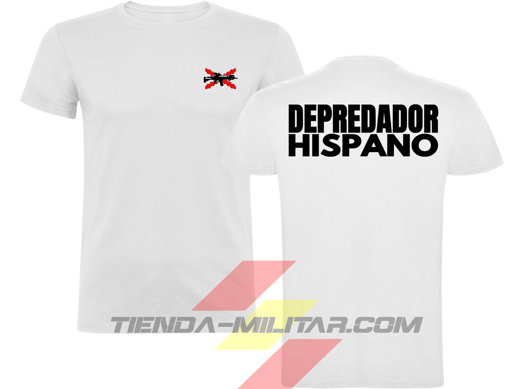Camiseta táctica de algodón, color blanco de la marca Depredador Hispano. En el pecho lleva un logotipo con con la cruz de borgoña y un fusil de asalto G36 cruzado., En la espalda la frase “DEPREDADOR HISPANO”. Ropa militar de alto rendimiento con diseño reivindicativo de poder hispano.