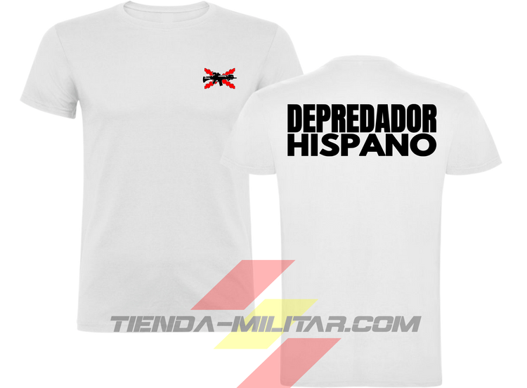 Camiseta táctica de algodón, color blanco de la marca Depredador Hispano. En el pecho lleva un logotipo con con la cruz de borgoña y un fusil de asalto G36 cruzado., En la espalda la frase “DEPREDADOR HISPANO”. Ropa militar de alto rendimiento con diseño reivindicativo de poder hispano.