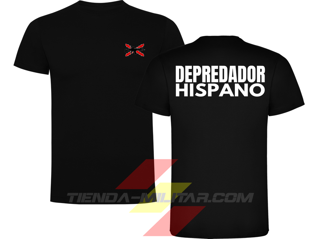 Camiseta táctica de algodón, color negro de la marca Depredador Hispano. En el pecho lleva un logotipo con con la cruz de borgoña y un fusil de asalto G36 cruzado., En la espalda la frase “DEPREDADOR HISPANO”. Ropa militar de alto rendimiento con diseño reivindicativo de poder hispano.