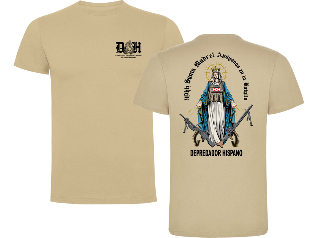 Camiseta ALGODÓN en color ARIDA de Depredador Hispano con logo D✠H en el pecho y diseño trasero “APOYANOS EN LA BATALLA”.