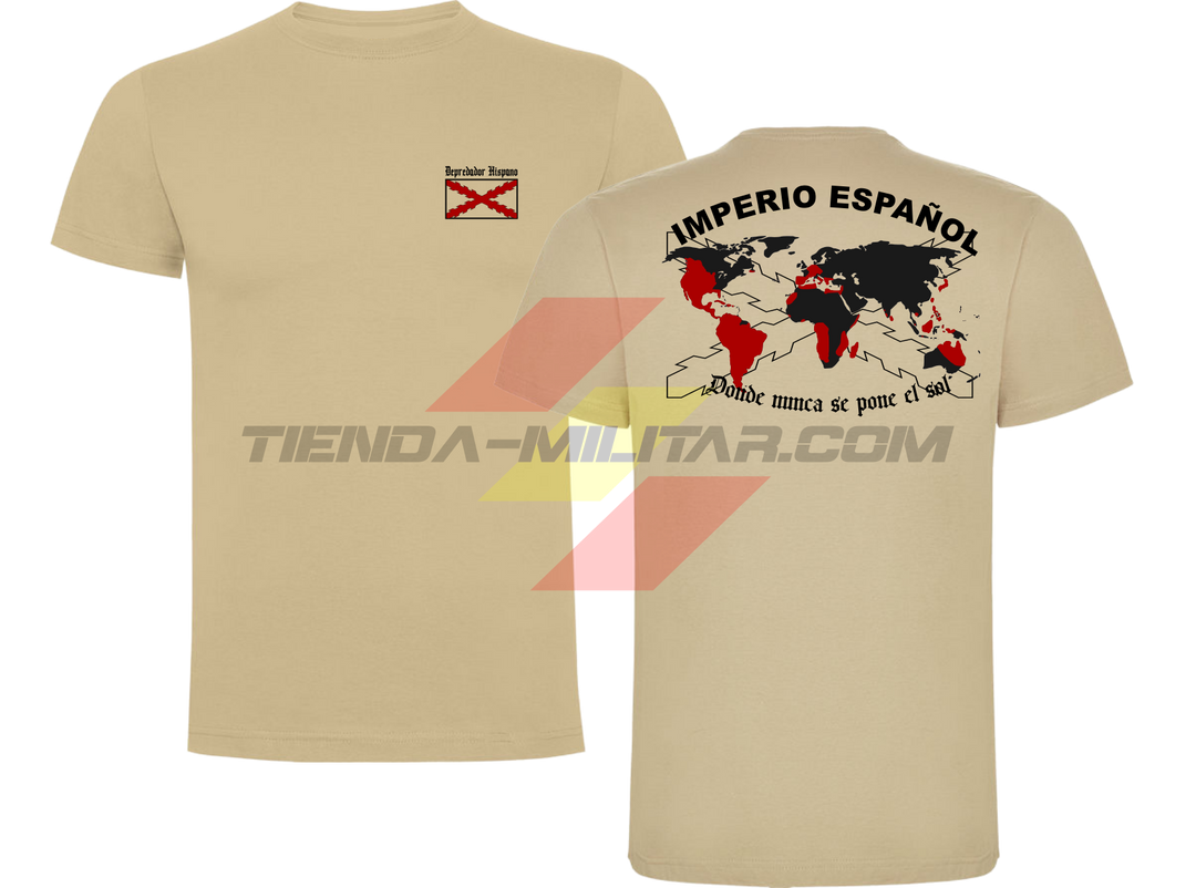 Camiseta ALGODÓN PREMIUM en color ARENA de Depredador Hispano con la bandera de la Cruz de Borgoña y el mapa mundial con el Imperio Español, Donde Nunca se Ponía el Sol.
