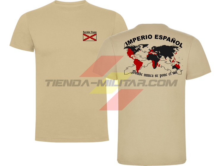 Camiseta ALGODÓN PREMIUM en color ARENA de Depredador Hispano con la bandera de la Cruz de Borgoña y el mapa mundial con el Imperio Español, Donde Nunca se Ponía el Sol.