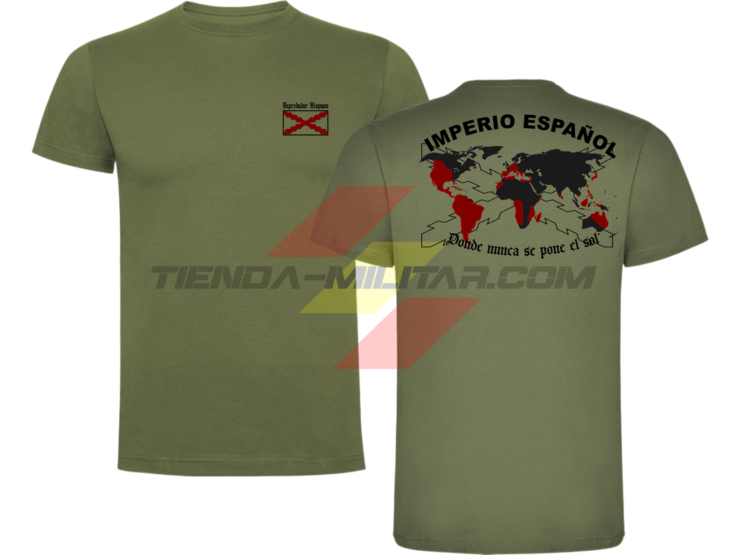 Camiseta ALGODÓN PREMIUM en color VERDE MILITAR de Depredador Hispano con la bandera de la Cruz de Borgoña y el mapa mundial con el Imperio Español, Donde Nunca se Ponía el Sol.