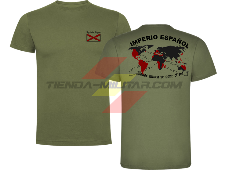 Camiseta ALGODÓN PREMIUM en color VERDE MILITAR de Depredador Hispano con la bandera de la Cruz de Borgoña y el mapa mundial con el Imperio Español, Donde Nunca se Ponía el Sol.
