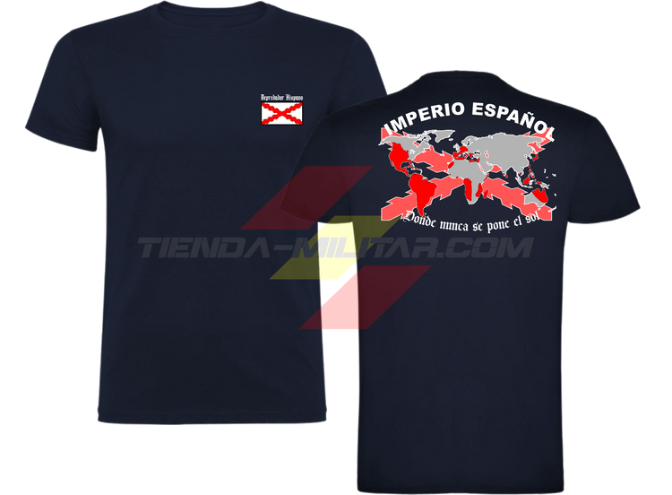 Camiseta ALGODÓN PREMIUM en color AZUL MARINO de Depredador Hispano con la bandera de la Cruz de Borgoña y el mapa mundial con el Imperio Español, Donde Nunca se Ponía el Sol.