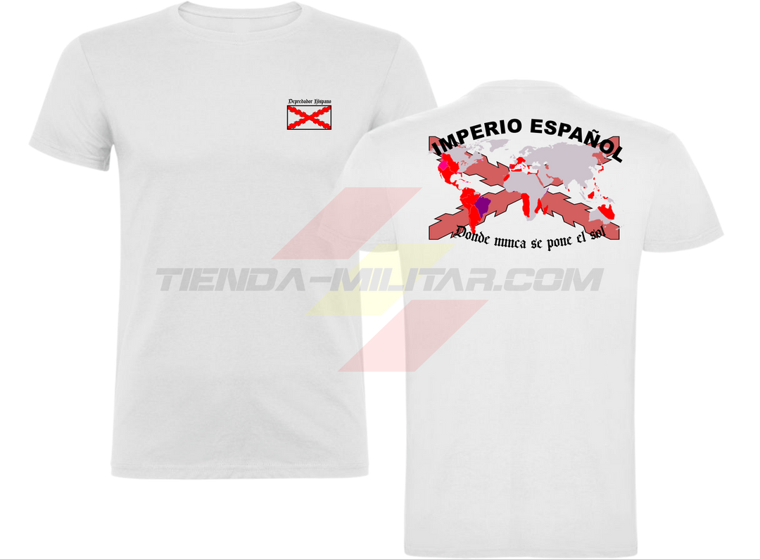 Camiseta ALGODÓN PREMIUM en color BLANCO de Depredador Hispano con la bandera de la Cruz de Borgoña y el mapa mundial con el Imperio Español, Donde Nunca se Ponía el Sol.