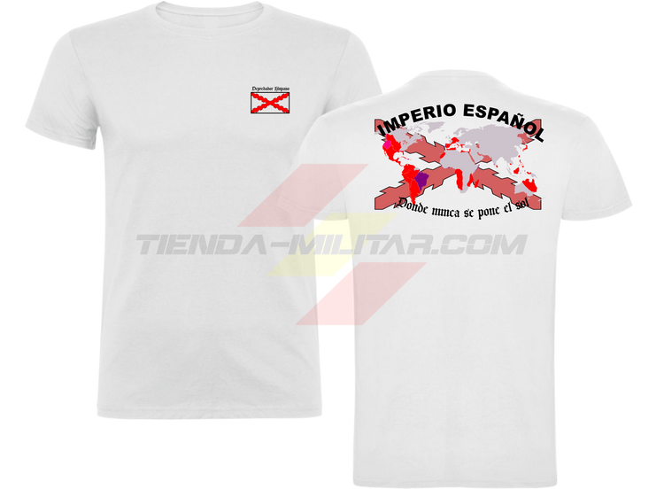 Camiseta ALGODÓN PREMIUM en color BLANCO de Depredador Hispano con la bandera de la Cruz de Borgoña y el mapa mundial con el Imperio Español, Donde Nunca se Ponía el Sol.