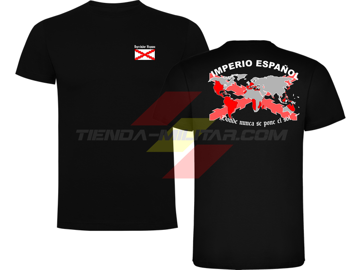 Camiseta ALGODÓN PREMIUM en color NEGRO de Depredador Hispano con la bandera de la Cruz de Borgoña y el mapa mundial con el Imperio Español, Donde Nunca se Ponía el Sol.