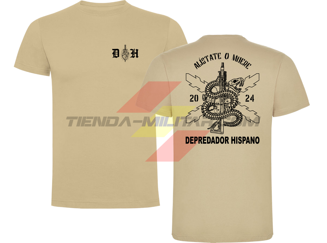 Camiseta ALGODÓN árida Depredador Hispano con logo D✠H en el pecho y diseño trasero “Alístate o Muere” con fusil, serpiente y Cruz de Borgoña.