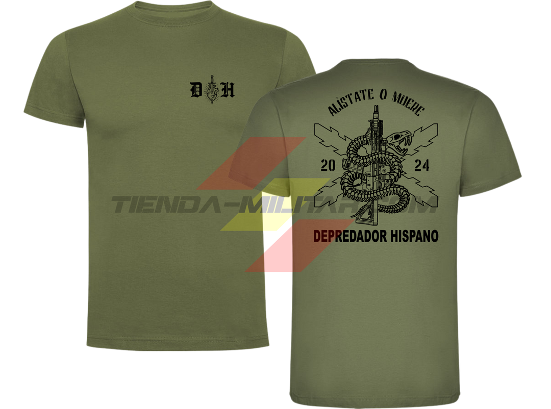 Camiseta ALGODÓN VERDE MILITAR Depredador Hispano con logo D✠H en el pecho y diseño trasero “Alístate o Muere” con fusil, serpiente y Cruz de Borgoña.