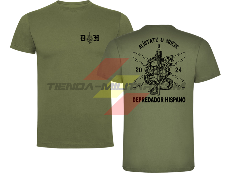 Camiseta ALGODÓN VERDE MILITAR Depredador Hispano con logo D✠H en el pecho y diseño trasero “Alístate o Muere” con fusil, serpiente y Cruz de Borgoña.