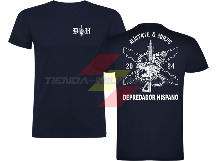 Camiseta ALGODÓN azul marino Depredador Hispano con logo D✠H en el pecho y diseño trasero “Alístate o Muere” con fusil, serpiente y Cruz de Borgoña.