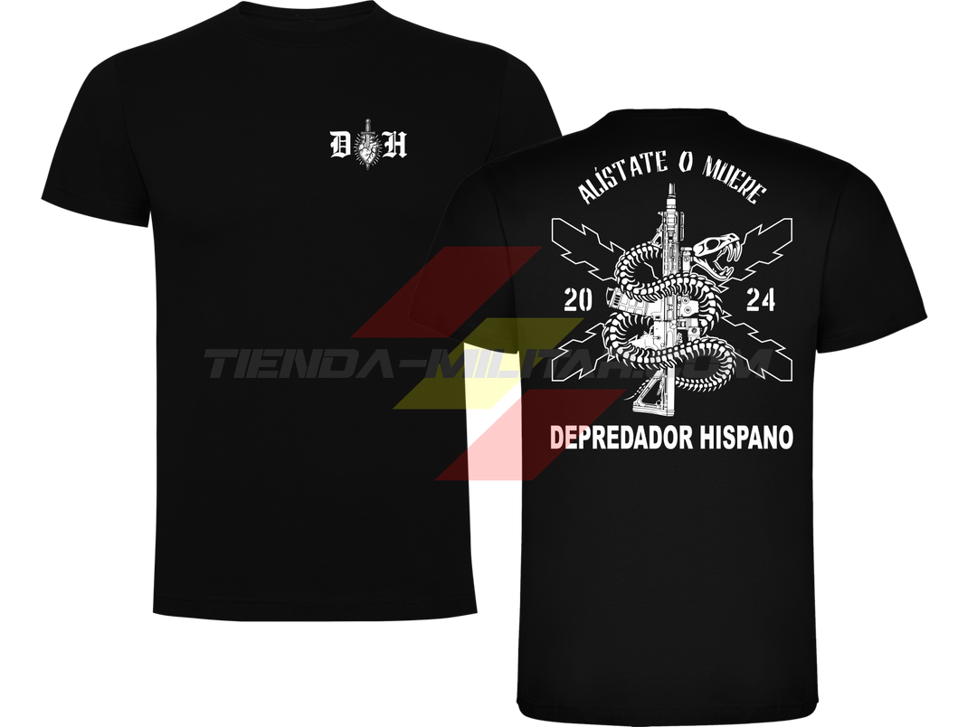 Camiseta ALGODÓN negra Depredador Hispano con logo D✠H en el pecho y diseño trasero “Alístate o Muere” con fusil, serpiente y Cruz de Borgoña.