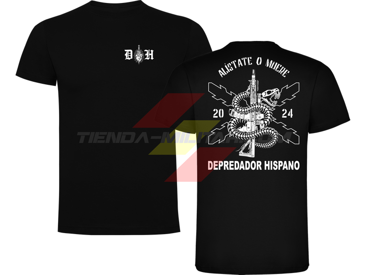 Camiseta ALGODÓN negra Depredador Hispano con logo D✠H en el pecho y diseño trasero “Alístate o Muere” con fusil, serpiente y Cruz de Borgoña.