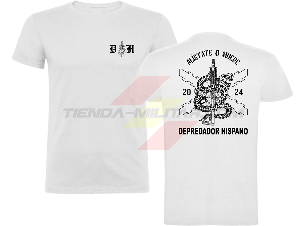 Camiseta ALGODÓN blanca Depredador Hispano con logo D✠H en el pecho y diseño trasero “Alístate o Muere” con fusil, serpiente y Cruz de Borgoña.