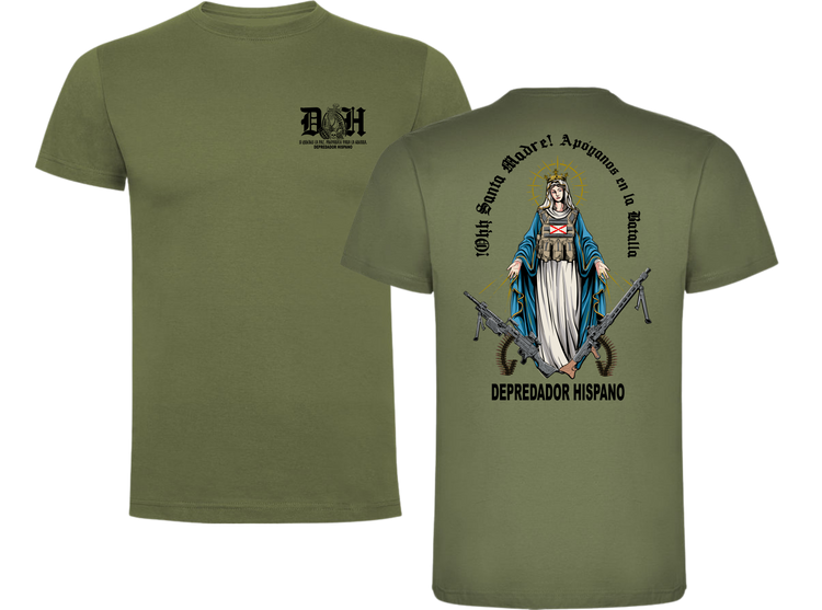 Camiseta ALGODÓN en color VERDE MILITAR de Depredador Hispano con logo D✠H en el pecho y diseño trasero “APOYANOS EN LA BATALLA”.