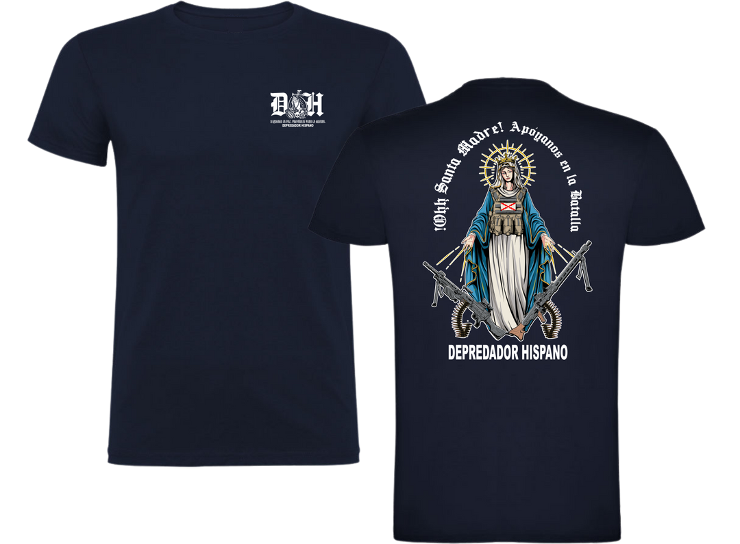 Camiseta ALGODÓN en color AZUL MARINO de Depredador Hispano con logo D✠H en el pecho y diseño trasero “APOYANOS EN LA BATALLA”.