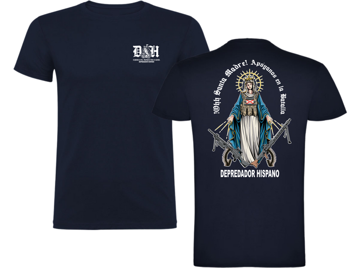 Camiseta ALGODÓN en color AZUL MARINO de Depredador Hispano con logo D✠H en el pecho y diseño trasero “APOYANOS EN LA BATALLA”.