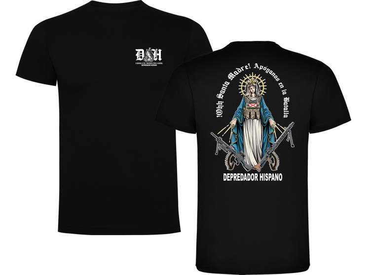 Camiseta ALGODÓN en color NEGRO de Depredador Hispano con logo D✠H en el pecho y diseño trasero “APOYANOS EN LA BATALLA”.