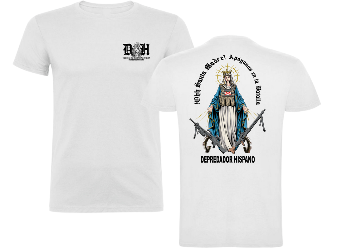 Camiseta ALGODÓN en color BLANCO de Depredador Hispano con logo D✠H en el pecho y diseño trasero “APOYANOS EN LA BATALLA”.