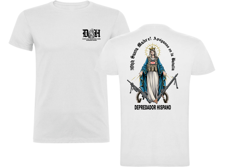 Camiseta ALGODÓN en color BLANCO de Depredador Hispano con logo D✠H en el pecho y diseño trasero “APOYANOS EN LA BATALLA”.
