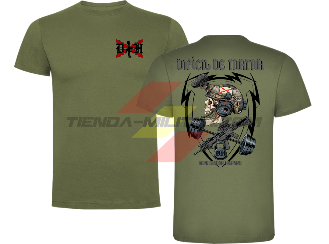 Camiseta ALGDÓN PREMIUM en color VERDE MILITAR de Depredador Hispano con logo D✠H en el pecho y diseño trasero “DIFÍCIL DE MATAR”.