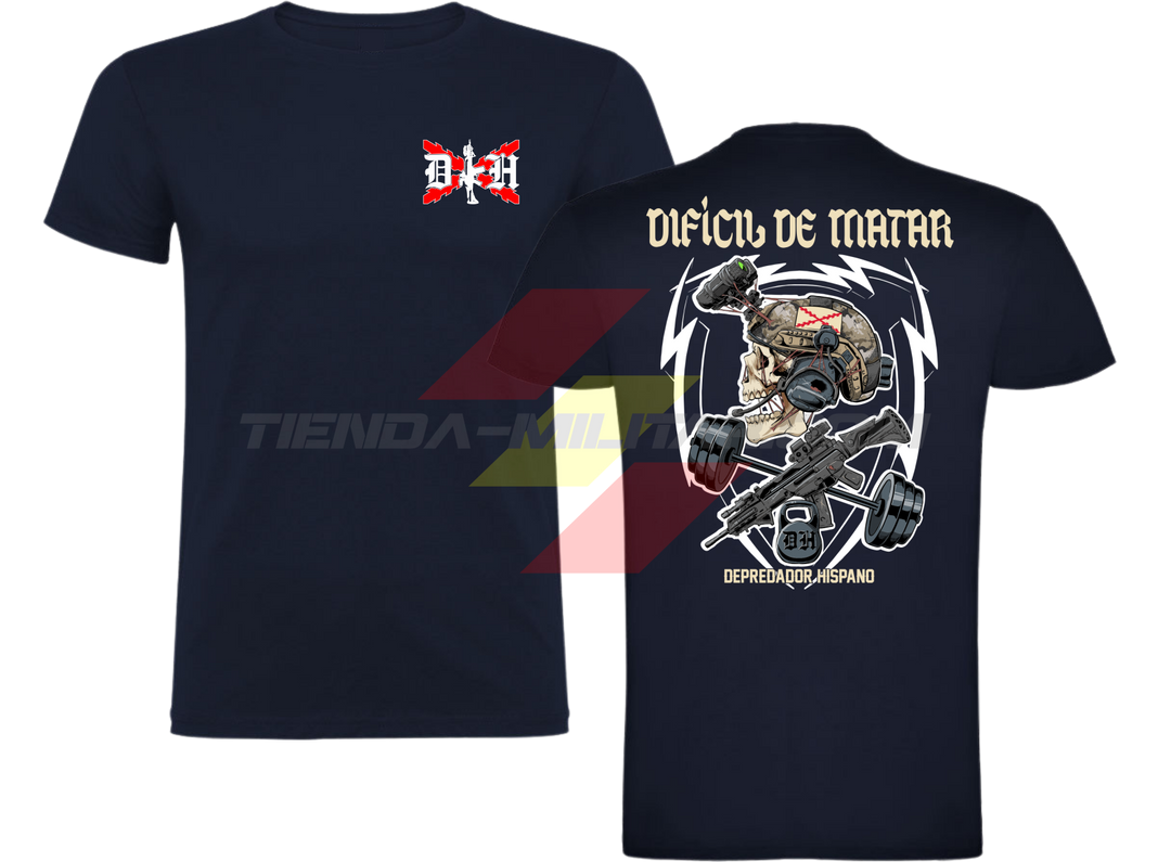 Camiseta ALGDÓN PREMIUM en color AZUL MARINO de Depredador Hispano con logo D✠H en el pecho y diseño trasero “DIFÍCIL DE MATAR”.