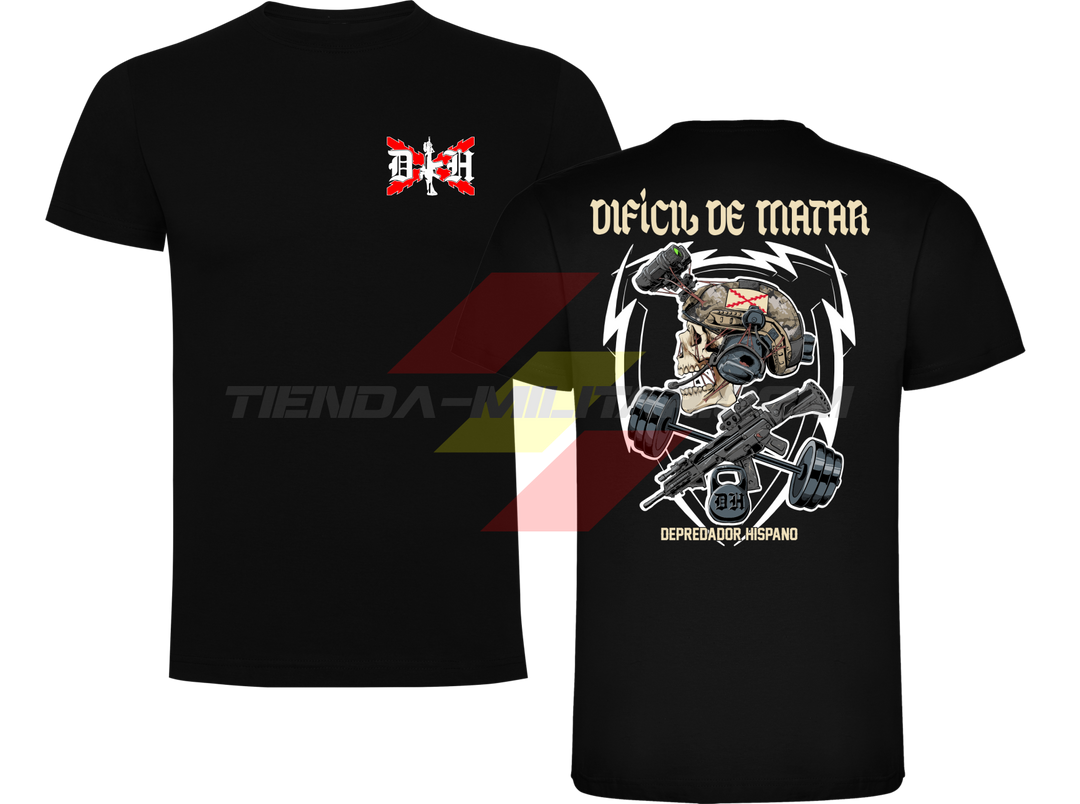 Camiseta ALGDÓN PREMIUM en color NEGRO de Depredador Hispano con logo D✠H en el pecho y diseño trasero “DIFÍCIL DE MATAR”.