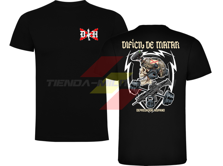 Camiseta ALGDÓN PREMIUM en color NEGRO de Depredador Hispano con logo D✠H en el pecho y diseño trasero “DIFÍCIL DE MATAR”.