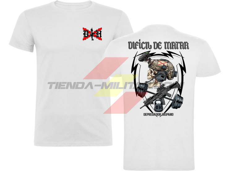 Camiseta ALGDÓN PREMIUM en color BLANCO de Depredador Hispano con logo D✠H en el pecho y diseño trasero “DIFÍCIL DE MATAR”.