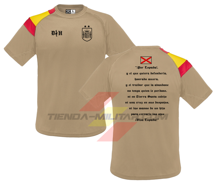 Camiseta POLIÉSTER en color ARIDA de Depredador Hispano con logo DH y escudo de España con las dos estrellas en la parte delantera, y parte trasera con el famoso brindis del Capitán de los Tercios de Flandes Don Diego De Acuña”.
