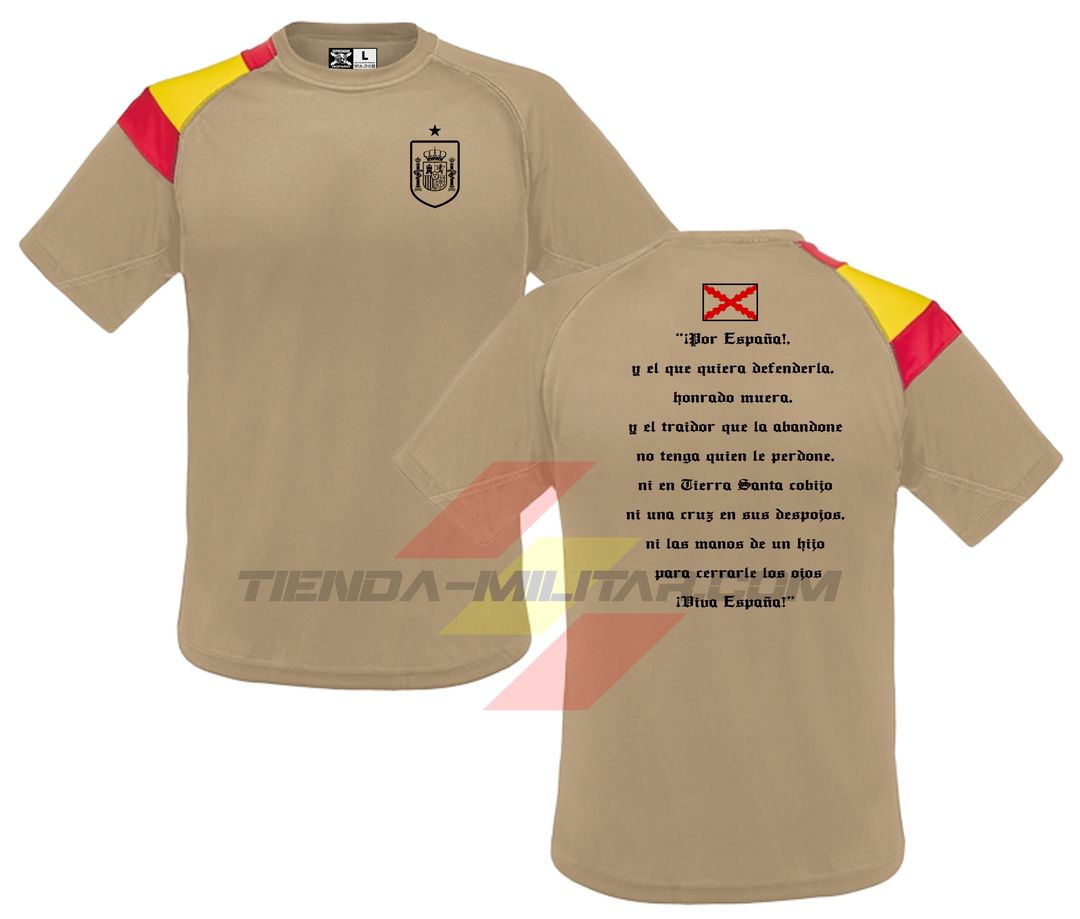 Camiseta POLIÉSTER en color ARIDA de Depredador Hispano SIN logo DH y escudo de España en la parte delantera, y parte trasera con el famoso brindis del Capitán de los Tercios de Flandes Don Diego De Acuña”.