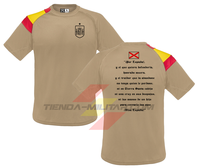 Camiseta POLIÉSTER en color ARIDA de Depredador Hispano SIN logo DH y escudo de España en la parte delantera, y parte trasera con el famoso brindis del Capitán de los Tercios de Flandes Don Diego De Acuña”.