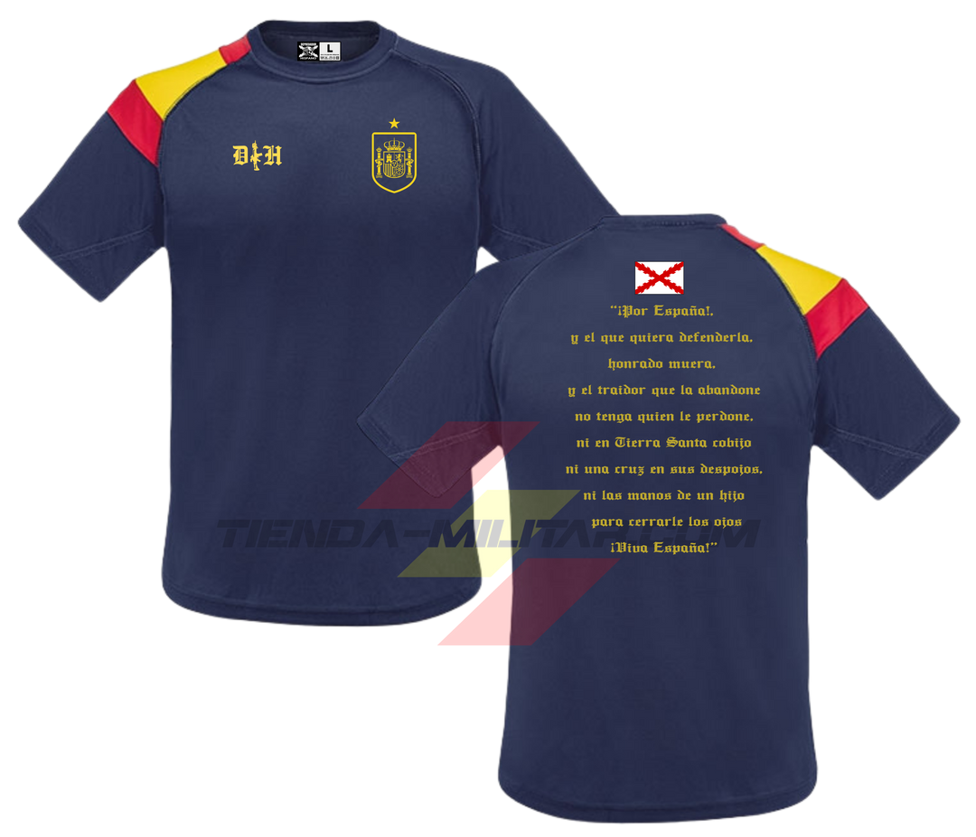 Camiseta POLIÉSTER en color AZUL MARINO de Depredador Hispano con logo DH y escudo de España en la parte delantera, y parte trasera con el famoso brindis del Capitán de los Tercios de Flandes Don Diego De Acuña”.