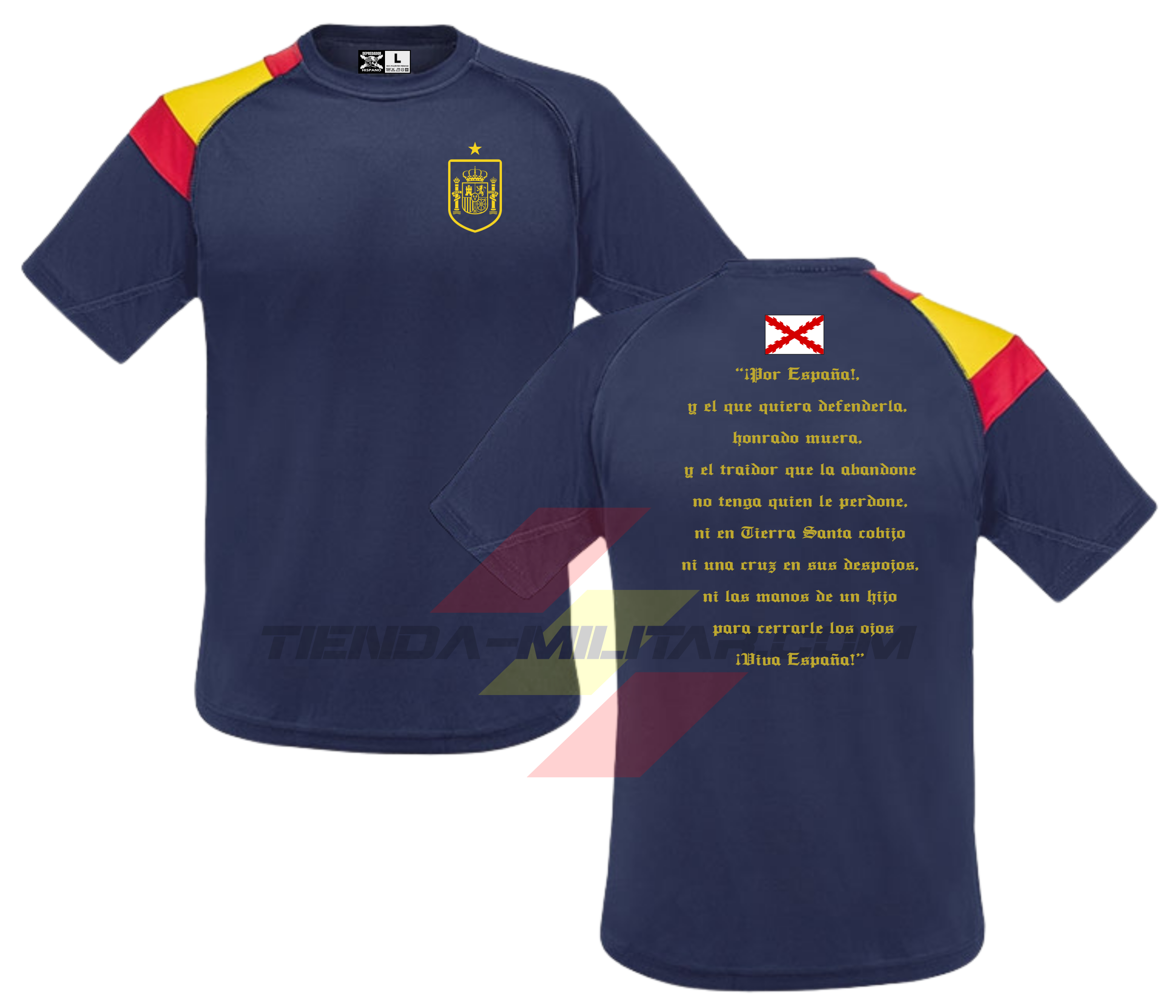 Camiseta POLIÉSTER en color ARIDA de Depredador Hispano SIN logo DH y escudo de España en la parte delantera, y parte trasera con el famoso brindis del Capitán de los Tercios de Flandes Don Diego De Acuña”.