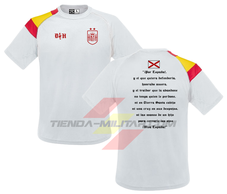 Camiseta POLIÉSTER en color BLANCO de Depredador Hispano con logo DH y escudo de España con las dos estrellas en la parte delantera, y parte trasera con el famoso brindis del Capitán de los Tercios de Flandes Don Diego De Acuña”.
