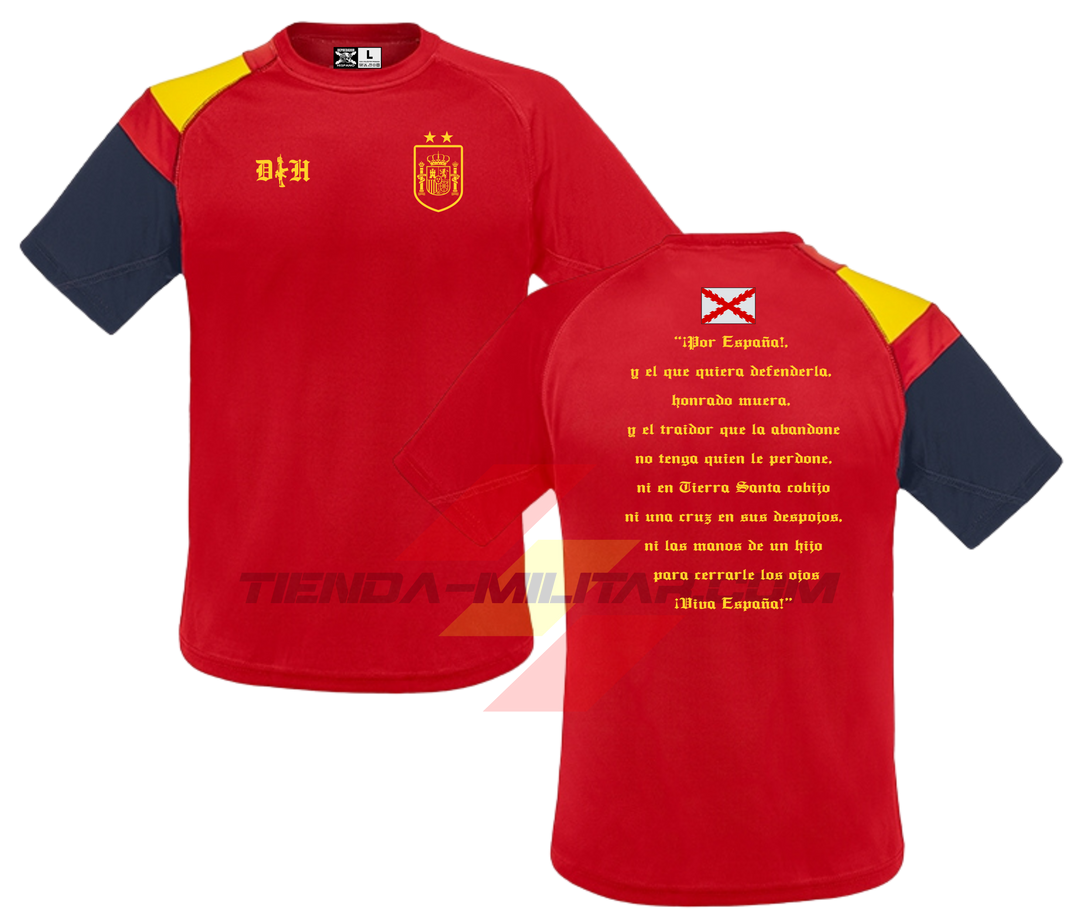 Camiseta POLIÉSTER en color ROJO de Depredador Hispano con logo DH y escudo de España con las dos estrellas en la parte delantera, y parte trasera con el famoso brindis del Capitán de los Tercios de Flandes Don Diego De Acuña”.