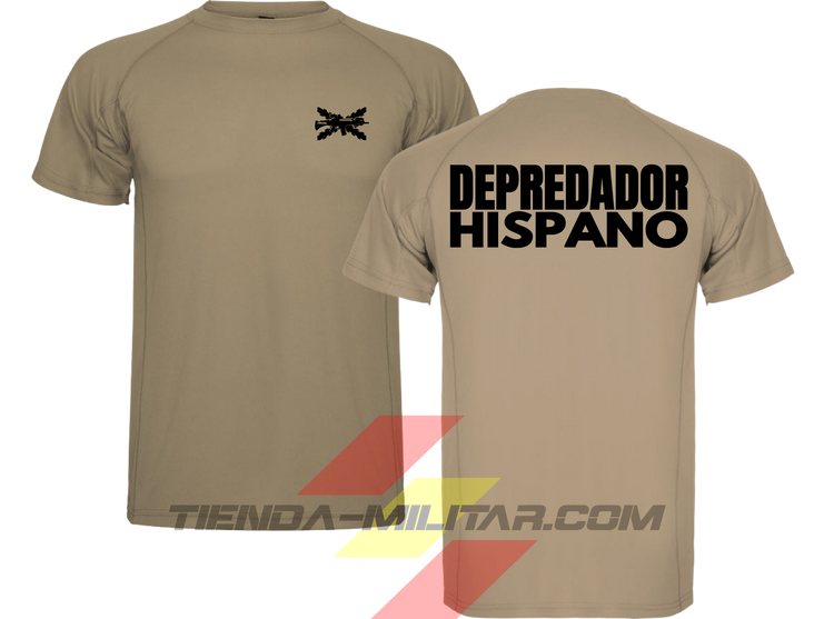 Camiseta táctica de poliéster, color arena oscuro de la marca Depredador Hispano. En el pecho lleva un logotipo con con la cruz de borgoña y un fusil de asalto G36 cruzado., En la espalda la frase “DEPREDADOR HISPANO”. Ropa militar de alto rendimiento con diseño reivindicativo de poder hispano.