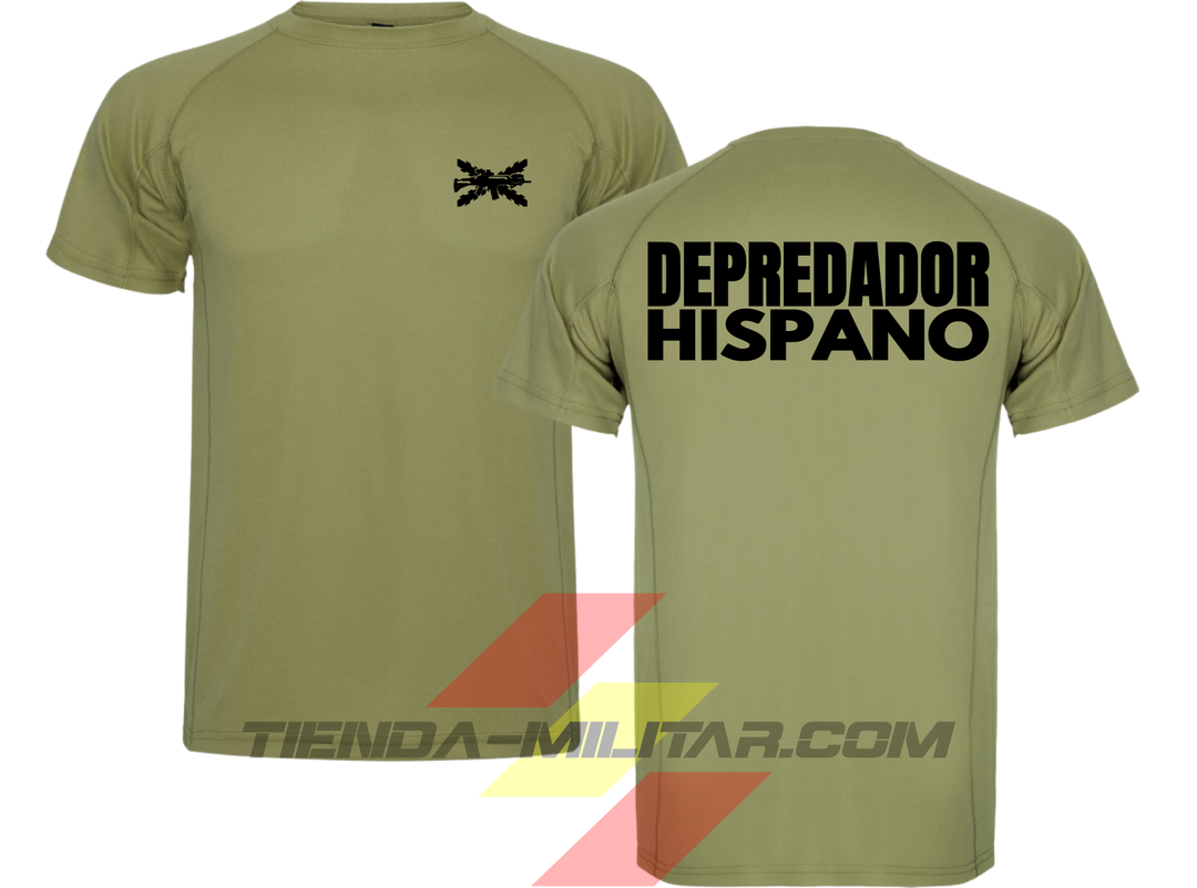 Camiseta táctica de poliéster, color verde militar de la marca Depredador Hispano. En el pecho lleva un logotipo con con la cruz de borgoña y un fusil de asalto G36 cruzado., En la espalda la frase “DEPREDADOR HISPANO”. Ropa militar de alto rendimiento con diseño reivindicativo de poder hispano.
