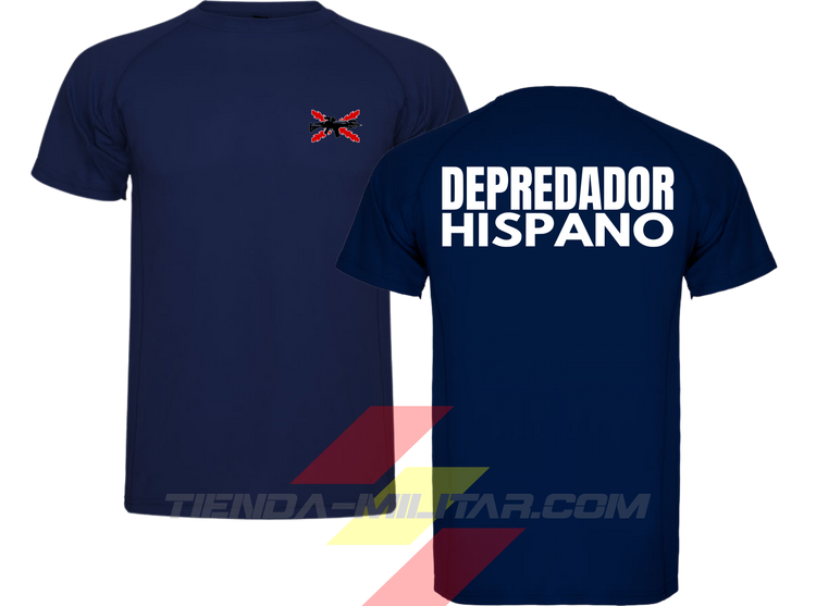 Camiseta táctica de poliéster, color azul marino de la marca Depredador Hispano. En el pecho lleva un logotipo con con la cruz de borgoña y un fusil de asalto G36 cruzado., En la espalda la frase “DEPREDADOR HISPANO”. Ropa militar de alto rendimiento con diseño reivindicativo de poder hispano.