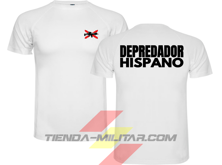 Camiseta táctica de poliéster, color blanco de la marca Depredador Hispano. En el pecho lleva un logotipo con con la cruz de borgoña y un fusil de asalto G36 cruzado., En la espalda la frase “DEPREDADOR HISPANO”. Ropa militar de alto rendimiento con diseño reivindicativo de poder hispano.