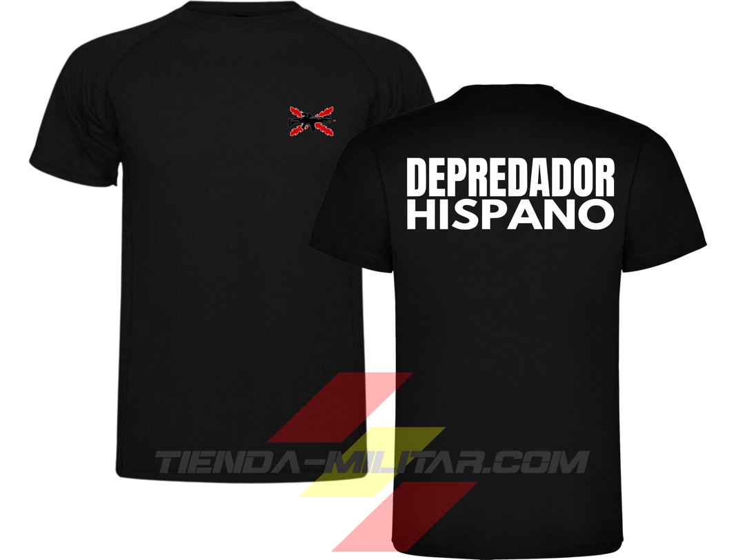 Camiseta táctica de poliéster, color negro de la marca Depredador Hispano. En el pecho lleva un logotipo con con la cruz de borgoña y un fusil de asalto G36 cruzado., En la espalda la frase “DEPREDADOR HISPANO”. Ropa militar de alto rendimiento con diseño reivindicativo de poder hispano.