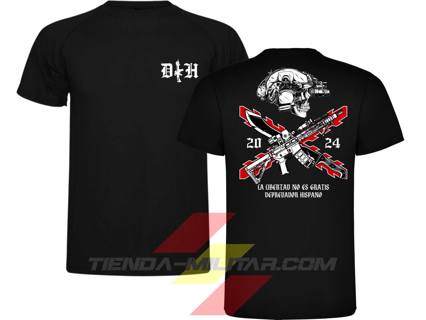 Camiseta táctica de POLIÉSTER, color NEGRO de la marca Depredador Hispano. En el pecho lleva un logotipo con con las iniciales (DH) y un fusil de asalto G36 en vertical. En la espalda la frase “LA LIBERTAD NO ES GRATIS”. Ropa militar de alto rendimiento con diseño reivindicativo de poder hispano.