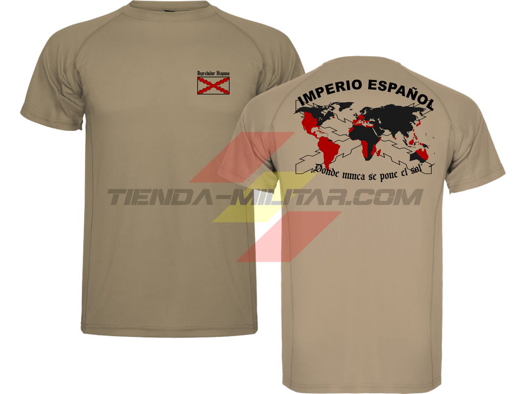 Camiseta TÉCNICA en color ARENA de Depredador Hispano con la bandera de la Cruz de Borgoña y el mapa mundial con el Imperio Español, Donde Nunca se Ponía el Sol.